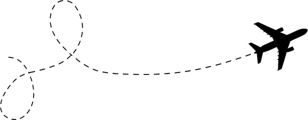 Airplane silhouette flying away with dashed line path on transparent background