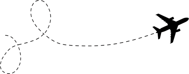 Airplane silhouette flying away with dashed line path on transparent background