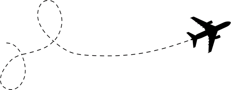 Airplane silhouette flying away with dashed line path on transparent background