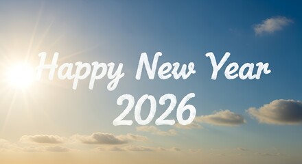 Happy new year text in a blue sky with clouds and sunlight for year 2026