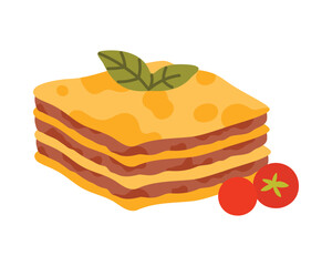 Isolated lasagna portion with basil leaf and tomatoes on white background vector illustration