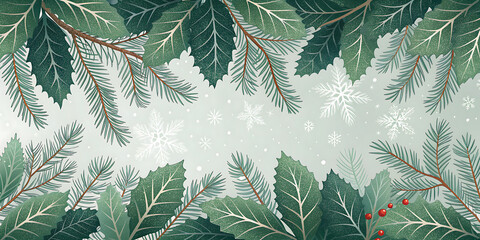 Christmas Decorations with Red Ornaments and Pine Branches on Red Snowflake Background