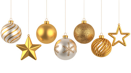 Christmas ornaments and stars hanging on transparent backdrop