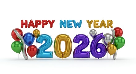 Happy new year celebration with balloons and the year two thousand twenty six