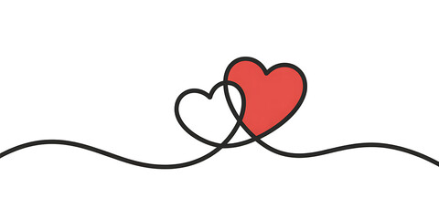 Continuous line art drawing of two hearts with black line