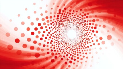 Swirling patterns of halftone dots create a dynamic scene filled with energy. The bright red and white colors combine to evoke a sense of movement and depth
