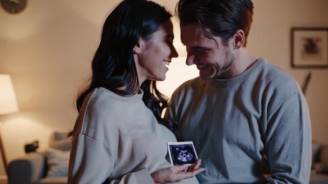 Couple holding ultrasound image with smile and love while expecting baby at home celebrating pregnancy and pregnant joy as they view sonogram and ultrasound print and embrace smiling together