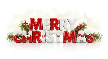 Merry christmas text with red and white letters and christmas decorations