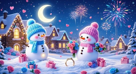 Two cute snowmen in winter wonderland with gifts and fireworks