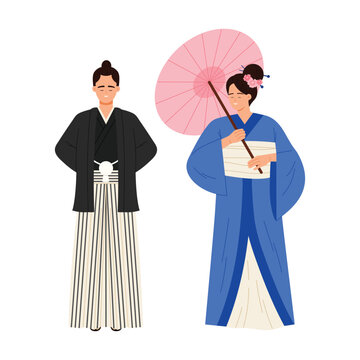 Isolated Japanese man and woman in traditional kimono and hakama clothing with umbrella vector illustration