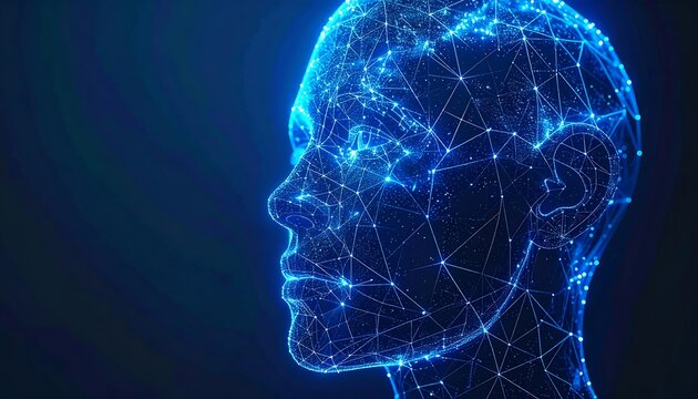 Blue glowing abstract human head in profile, made of connected dots and lines against a blurred dark background
