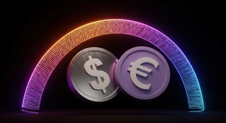 Digital currency exchange concept with glowing neon arch over dollar and euro coins