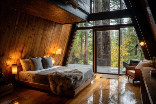 A-frame glass bedroom in a forest