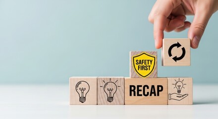 Hand stacking wooden blocks with safety first shield and recycle symbol on light blue background