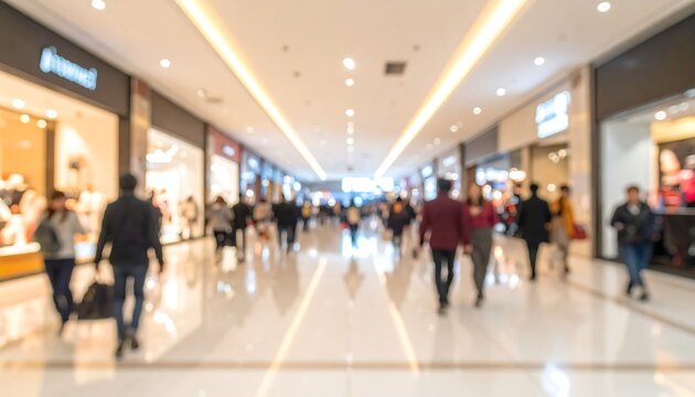Blurred image showcases a shopping mall interior with people walking along a gleaming, polished floor