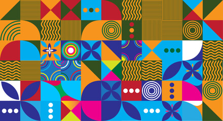 Obraz premium A vibrant and colorful abstract geometric pattern with squares, circles, and triangles in a mosaic style
