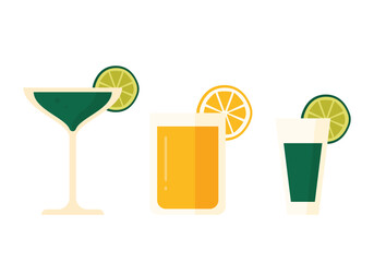 Three colorful Mexican cocktails with lime and orange slices on a white isolated background vector illustration