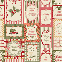 Vintage Christmas greeting posters seamless pattern. Retro winter holiday cards, bows, wishes, different frames, text, lettering. Vector background, wallpaper, wrapping, gift paper textile design