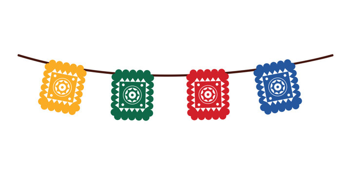 Traditional Mexican papel picado banner with vibrant colors on a white isolated background vector illustration
