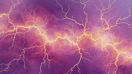 A vibrant, abstract artwork depicting golden lightning bolts against a hazy, purple sky