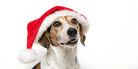 Golden Retriever Holding Santa Hat on Sofa Amid New Year Festive Decorations