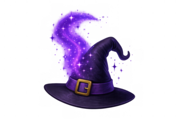 Witch hat emitting magic spell with glowing purple nebula and sparkling stars, mystical halloween fantasy concept, transparent background