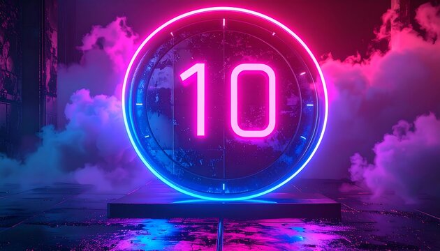 Bright neon 10 in circle, blue/pink lights, stage, textured floor, cloud-like puffs in background, urban, moody scene - Powered by Adobe