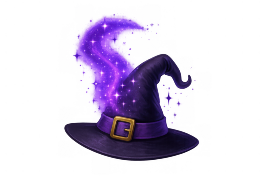 Witch hat emitting magic spell with glowing purple nebula and sparkling stars, mystical halloween fantasy concept, transparent background - Powered by Adobe