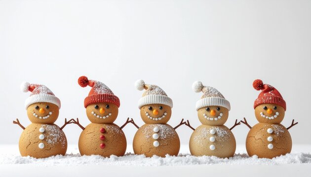 Funny gingerbread snowmen with hats lined up in the snow. Christmas background