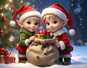 Elfy trzymające worek pełen prezentów