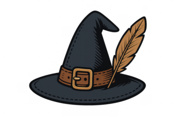 Witch and wizard hat illustration with feather and buckle, representing magic, enchantment, and fantasy, on transparent background