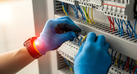Close-up of electrician's gloved hands wiring an electrical control panel