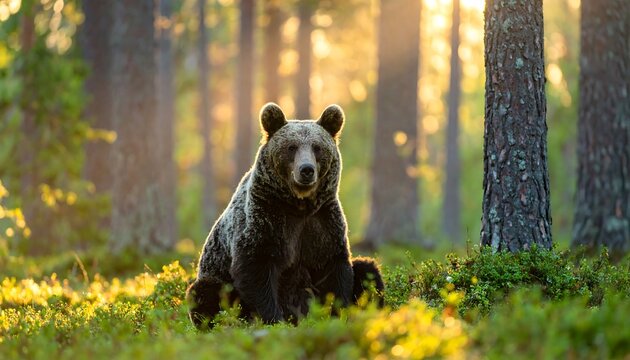 Brown bear sitting amidst lush green forest floor, backlit by sun filtering through tall trees, creating a serene scene