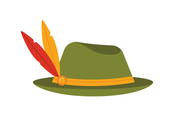 Green Tyrolean hat with colorful feathers and yellow band isolated on white background vector illustration