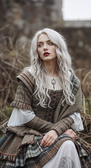 A stunning woman with long silver hair and a bold lip poses thoughtfully in a richly textured historical tartan gown outdoors.