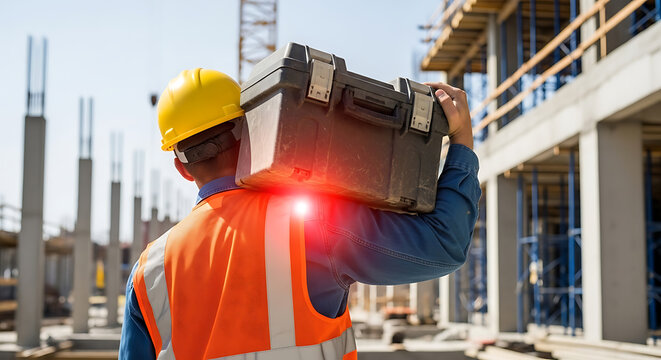 Construction worker with back pain carrying toolbox on site, symbolizing manual labor strain and potential workplace injury.
