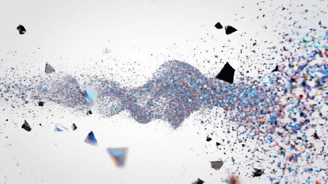 Geometric Shapes Exploding into Particles on a White Background.