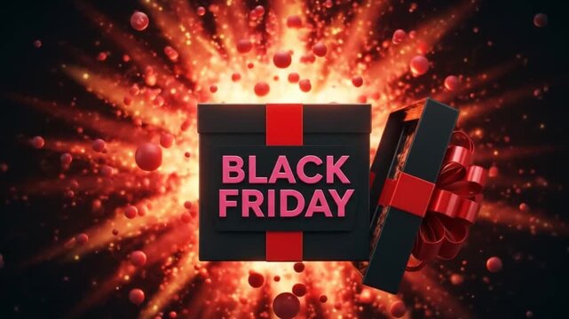 stylish poster, test "BLACK FRIDAY" coming out of an exploding present, banner for black friday shopping online on social media. Special offer or sale promotion for holiday cyber week in digital store