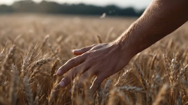 Soft sunlight illuminates a vast field of golden wheat as hands brush through the ripe stalks. The moment captures the essence of harvest season in late afternoon, showcasing the connection to nature.