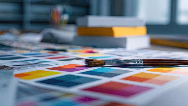 Colorful Design Palette with Paintbrushes on a Desk.