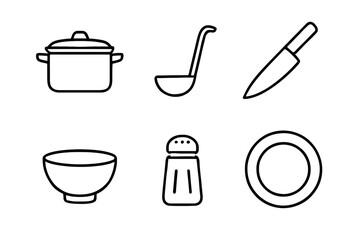 Minimalist kitchen line icons: pot, ladle, knife, bowl, salt shaker, plate