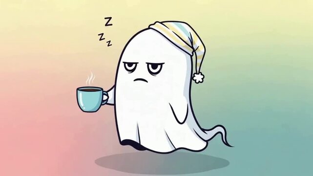 Animated ghost drinking coffee, cute character needing caffeine to wake up and start its spooky day, funny cartoon for Halloween or morning humor