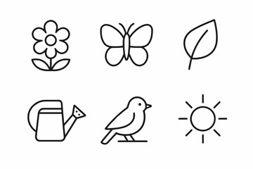 Fototapeta premium Nature icons: flower, butterfly, leaf, watering can, bird, sun outline