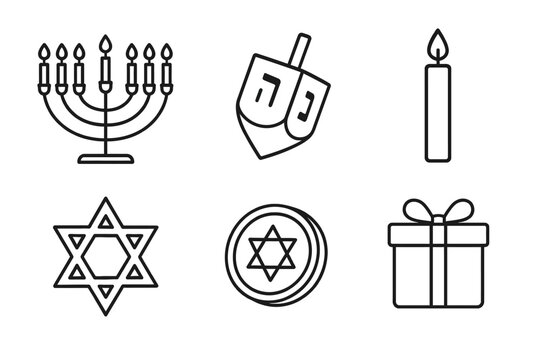 Hanukkah symbols: menorah, dreidel, candle, star of david, coin, gift box