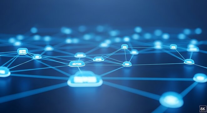Digital cloud computing network with glowing connections and data nodes.