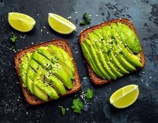 Two slices of avocado toast on dark surface