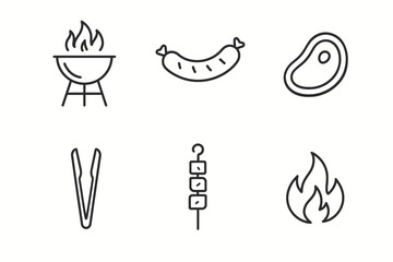 Barbecue icons: grill, sausage, steak, tongs, kebab, flame illustrations