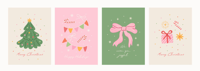 Christmas cute vintage greeting card set. Xmas simple beautiful design with hand drawn Christmas tree, bows, gift, candy cane, flag garland, stars. Vector retro poster, cover, background.