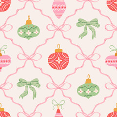 Christmas cute seamless pattern with bows, ribbons and Xmas baubles, tree toys, balls. Coquette retro print. Preppy holiday background. Vintage damask design for fabric, wrapping paper, textile.