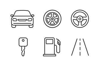 Car icon set: front view, wheel, steering, key, fuel pump, road line art